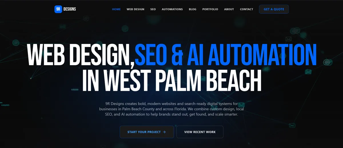 Homepage screenshot of 9R Designs, SEO Tier 1's own web design, SEO, and AI automation studio based in West Palm Beach, Florida