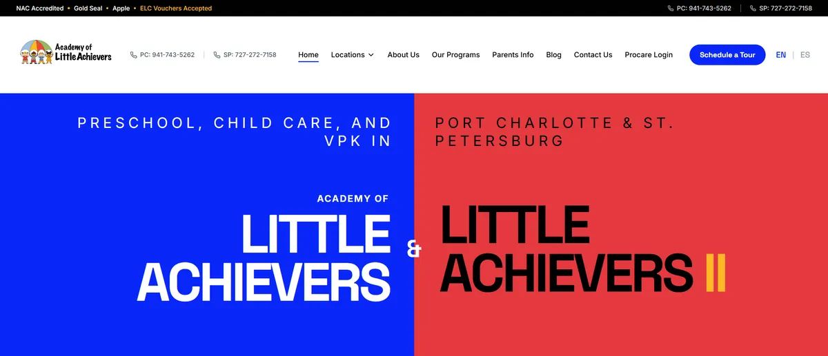 Homepage screenshot of Academy of Little Achievers, a preschool, child care, and VPK provider serving Port Charlotte and St. Petersburg, Florida — website designed by SEO Tier 1