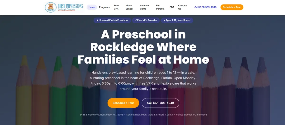 Homepage screenshot of First Impressions Preschool, a licensed preschool and VPK provider in Rockledge, Florida — website designed by SEO Tier 1