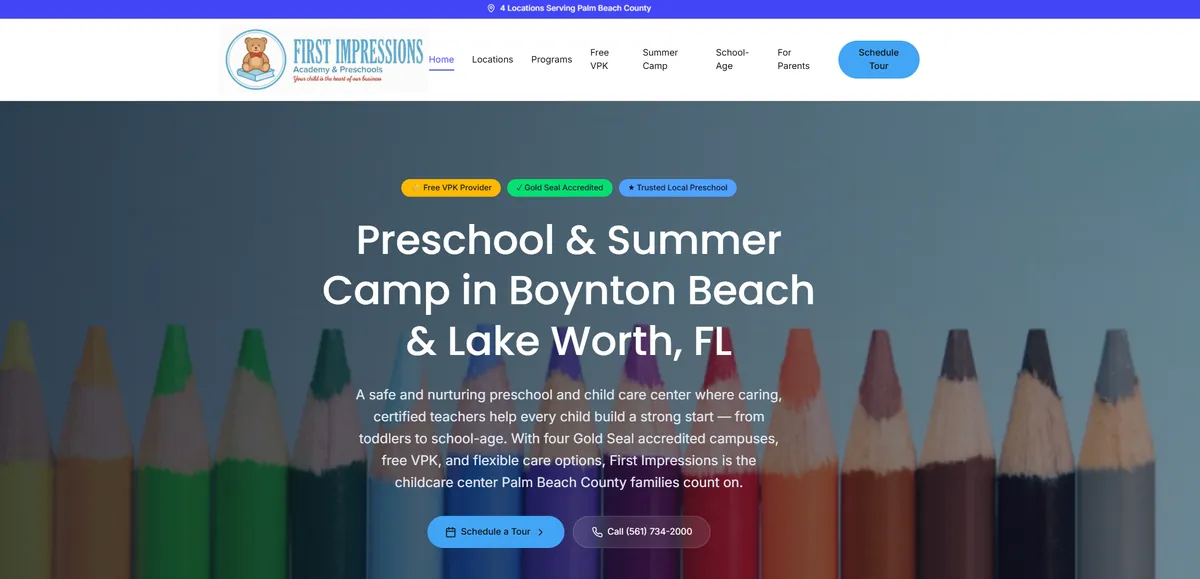 Homepage screenshot of First Impressions Schools, a Gold Seal accredited preschool and summer camp with four locations across Palm Beach County, Florida — website designed by SEO Tier 1