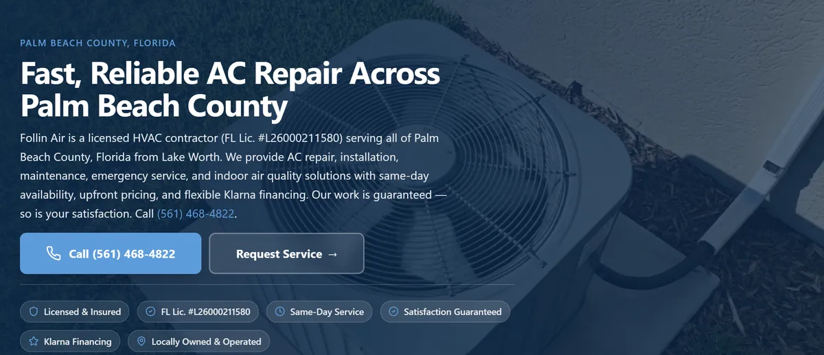 Homepage screenshot of Follin Air, a licensed HVAC contractor providing AC repair and installation in Palm Beach County, Florida — website designed by SEO Tier 1