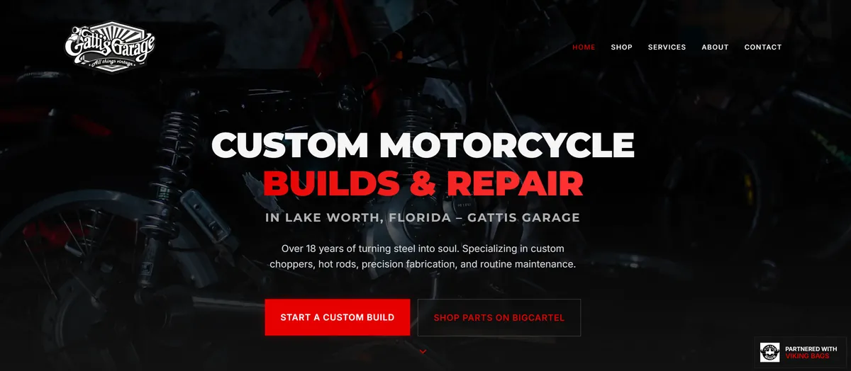 Homepage screenshot of Gattis Garage, a custom motorcycle build and repair shop in Lake Worth, Florida — website designed by SEO Tier 1