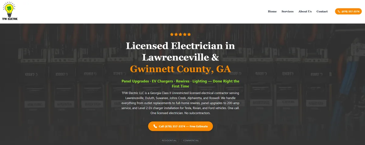 Homepage screenshot of TFW Electric, a licensed electrical contractor serving Lawrenceville and Gwinnett County, Georgia — website designed by SEO Tier 1